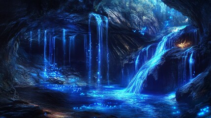 Wall Mural - a mystical cave with a cascading waterfall illuminating the water with a blue glow.