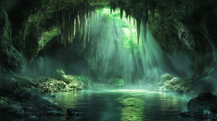 Wall Mural - a mystical cave opening with a pond and green foliage, illuminated by sunlight streaming through the