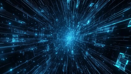 Poster - Abstract blue digital lines and particles moving upwards to a light source in the center on a black background.