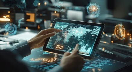 Leinwandbilder - A person's hand gestures across a tablet displaying a world map with glowing light blue lines, data, and charts on a futuristic desk.