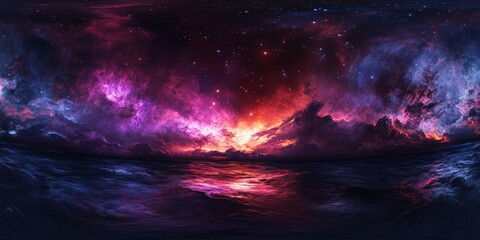 Poster - a stunning 360? panorama of a vibrant cosmic seascape with a fiery nebula illuminating the dark wate