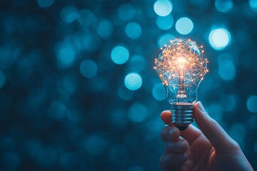 Poster - Hand holding a glowing lightbulb with connected wires against a blue bokeh background.