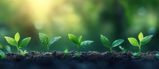 Canvas Print - Five young green plants growing in soil with blurry green background and sun shining.