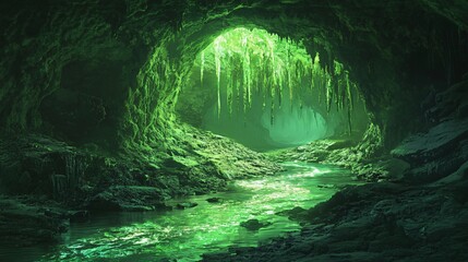 Wall Mural - a mystical green cave with a flowing stream and a glowing light at the end.
