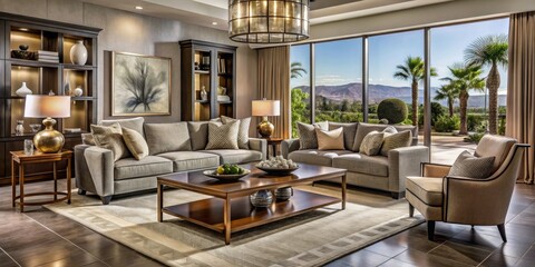 A sophisticated living room furniture arrangement enhances this stylish Las Vegas home, with elegant decor elements that elevate the modern interior to new heights of luxury and comfort.