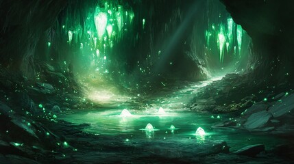 Wall Mural - a mystical green cave with glowing crystals hanging from the ceiling and floating in the water.