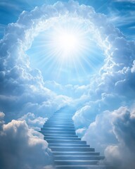 Stairway to heaven with a bright glowing sun shining down on fluffy clouds.