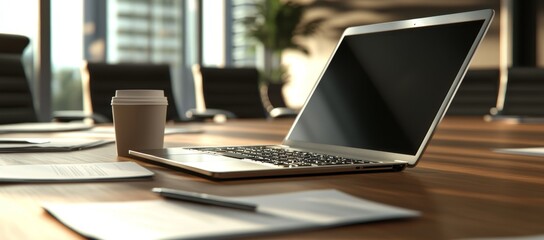 Poster - Close-up of a laptop computer on a wooden desk in a modern office with a cup of coffee and documents.