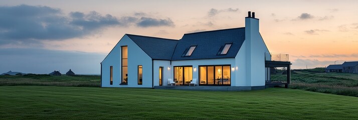 Poster - A modern, white house with large windows, a black roof, and a patio overlooking a grassy field at sunset.