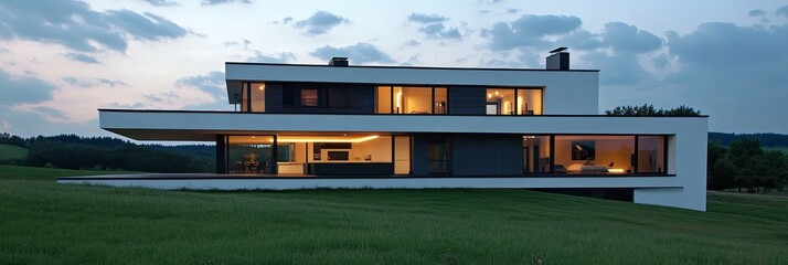 Aufkleber - Modern white house with large windows overlooking a green field.