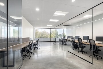 Modern open-plan office with glass walls, desks, black chairs, and computers on empty table, concrete floor, and well-lit ceiling fixtures.