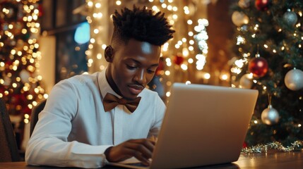 A close-up of A black businessman short hair while working on her laptop in a festively decorated office