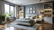 © nick - A contemporary bedroom styled with grey walls and white furnishings offers a chic, inviting ambiance, perfect for creating a relaxing and modern living space.