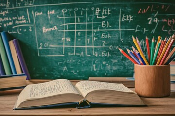Poster - Open book on a wooden table in front of a chalkboard with math equations and a pencil holder full of colored pencils.
