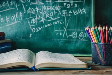 Poster - Open notebook with pencils on a table with a chalkboard in the background.