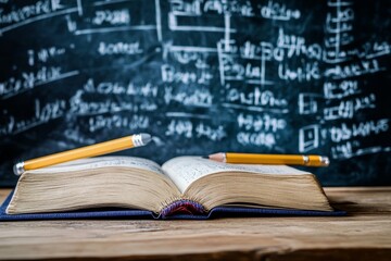 Poster - Open book with yellow pencils on a wooden table with a blackboard in the background.