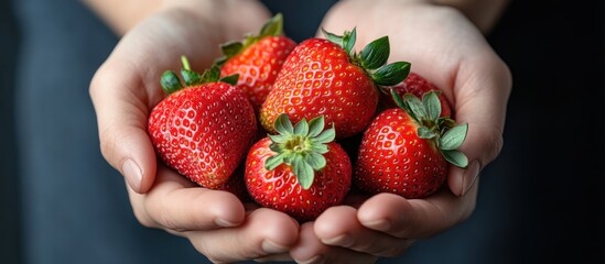 Sticker - Close-up of hands holding a handful of ripe red strawberries.