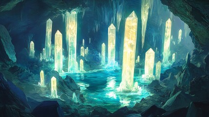 Wall Mural - a mystical, glowing cave with crystal formations and a blue pool of water.