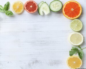 Leinwandbilder - Colorful Assorted Sliced Fruits and Vegetables in Border Pattern on White Background