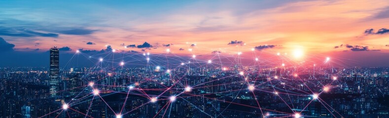 Poster - A network of glowing lines connect buildings in a city skyline at sunset.