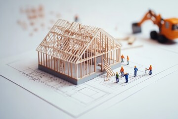 Poster - Miniature workers constructing a wooden frame house on blueprint with excavator in the background.