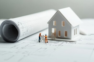 Poster - Miniature construction workers building a model house on a blueprint.