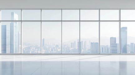 Fototapete - Empty room with large windows overlooking a city skyline.