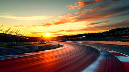 Sunset over a winding racetrack, capturing motion and speed.