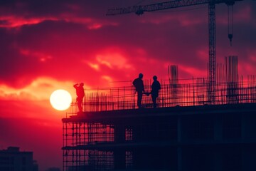 Poster - Silhouette of construction workers on a building under construction with a crane and the sunset in the background.