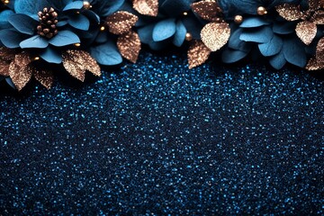 Blue and gold flowers and leaves on a solid blue glitter background