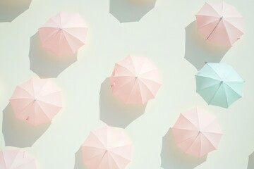 Poster - Pastel Pink and Mint Green Umbrellas Pattern on Cream Background with Soft Shadows
