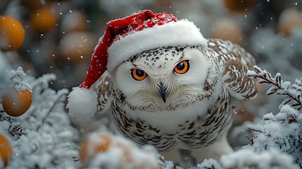 Wall Mural - A snowy owl wearing a Santa hat looks directly at the camera in a wintery setting.