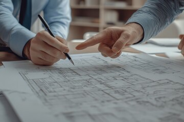 Poster - Close-up of two hands reviewing a blueprint, one with a pen, the other pointing.