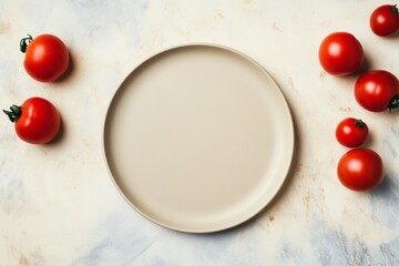 Poster - Minimalist Food Mockup Central Beige Plate with Fresh Red Tomatoes on Light Gray Marble Surface