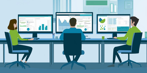Poster - Business people working with big data analytics on computer screens in office