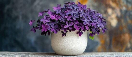 Wall Mural - Purple flowers in a white pot on a stone surface.