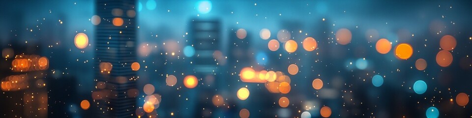 Canvas Print - A cityscape with a blurry background and a lot of lights. The lights are scattered all over the image, creating a sense of movement and energy