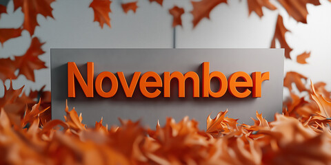 Poster - November sign surrounded by falling autumn leaves on gray background