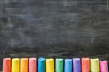 Aufkleber - A row of colorful chalk sticks against a black chalkboard.