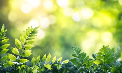 Aufkleber - A serene close-up of vibrant green leaves against a softly blurred, glowing background, evoking a sense of tranquility and connection to nature.