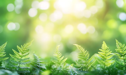 Poster - A vibrant display of green ferns illuminated by soft sunlight, creating a serene and refreshing natural scene.