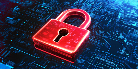 Poster - Red padlock glowing on circuit board symbolizing cybersecurity