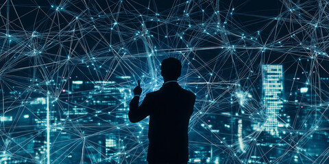 Poster - Businessman pointing at network over cityscape at night