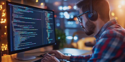 Leinwandbilder - Focused computer programmer is working on source code late at night at his home office