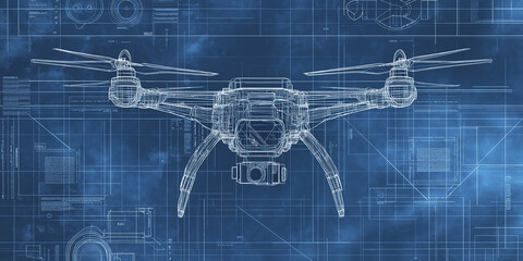 Poster - Modern drone design hovering on a blueprint background