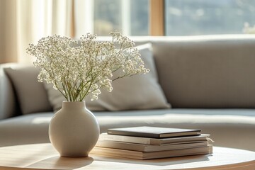 Poster - A ceramic vase with baby's breath flowers rests on a wooden table next to a stack of books,  with a couch and window in the background.