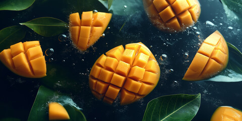 Poster - Fresh mango cubes floating in water with bubbles and leaves