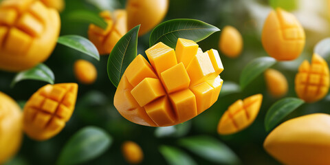 Aufkleber - Ripe mango cubes falling from mango fruit surrounded by leaves