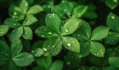 Poster - Lush green leaves adorned with droplets, showcasing nature's freshness and vitality after a rainfall, creating a serene and vibrant atmosphere.