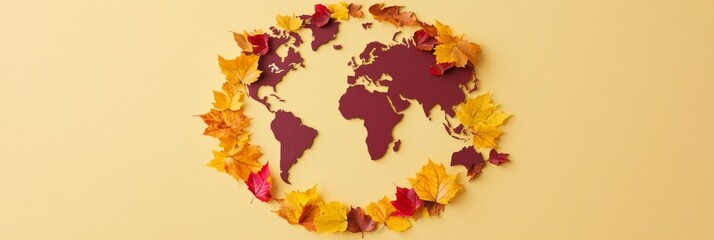 Canvas Print - Autumn Leaves Forming World Map on Pastel Background - Creative Minimalist Concept